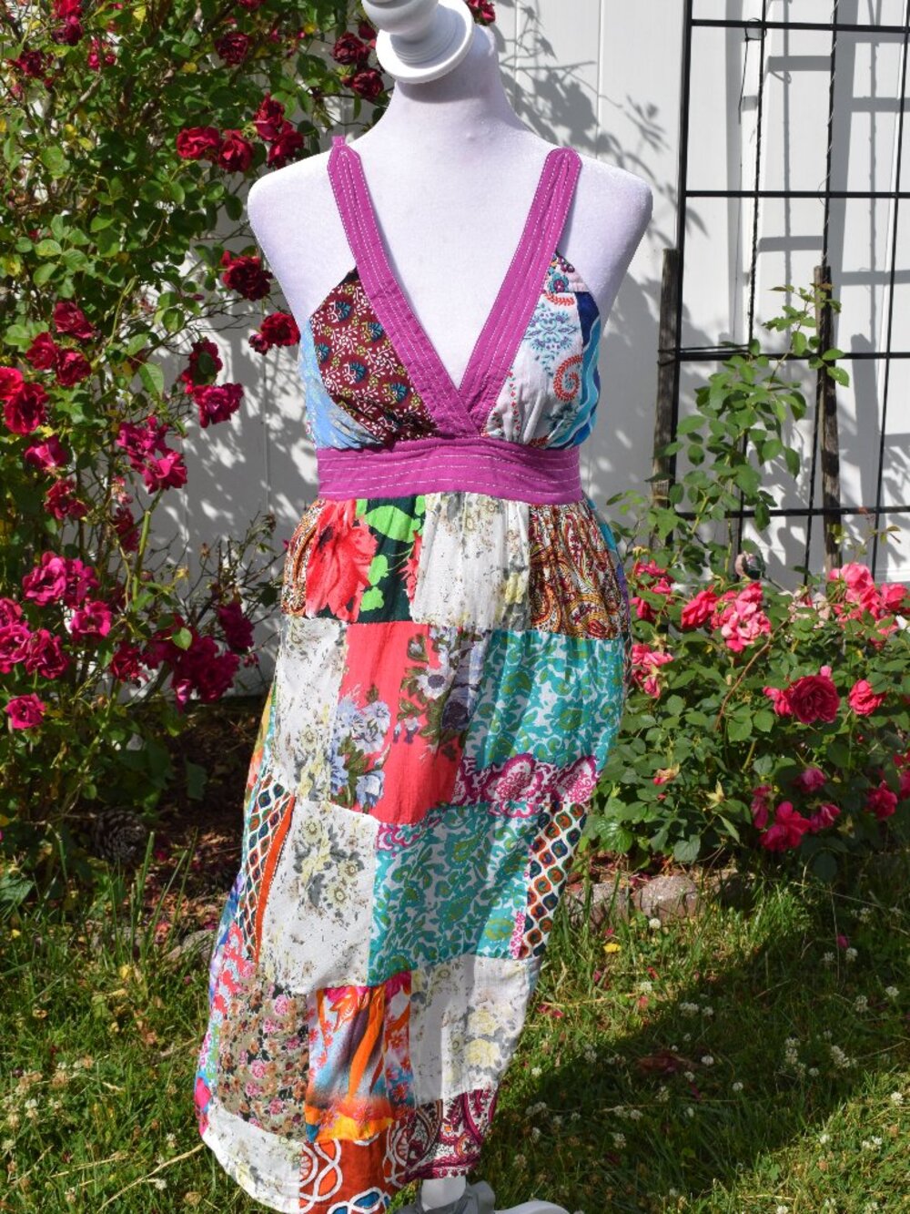 Beautiful Floral Real Patchwork V Neck Dress Size Small From Thailand